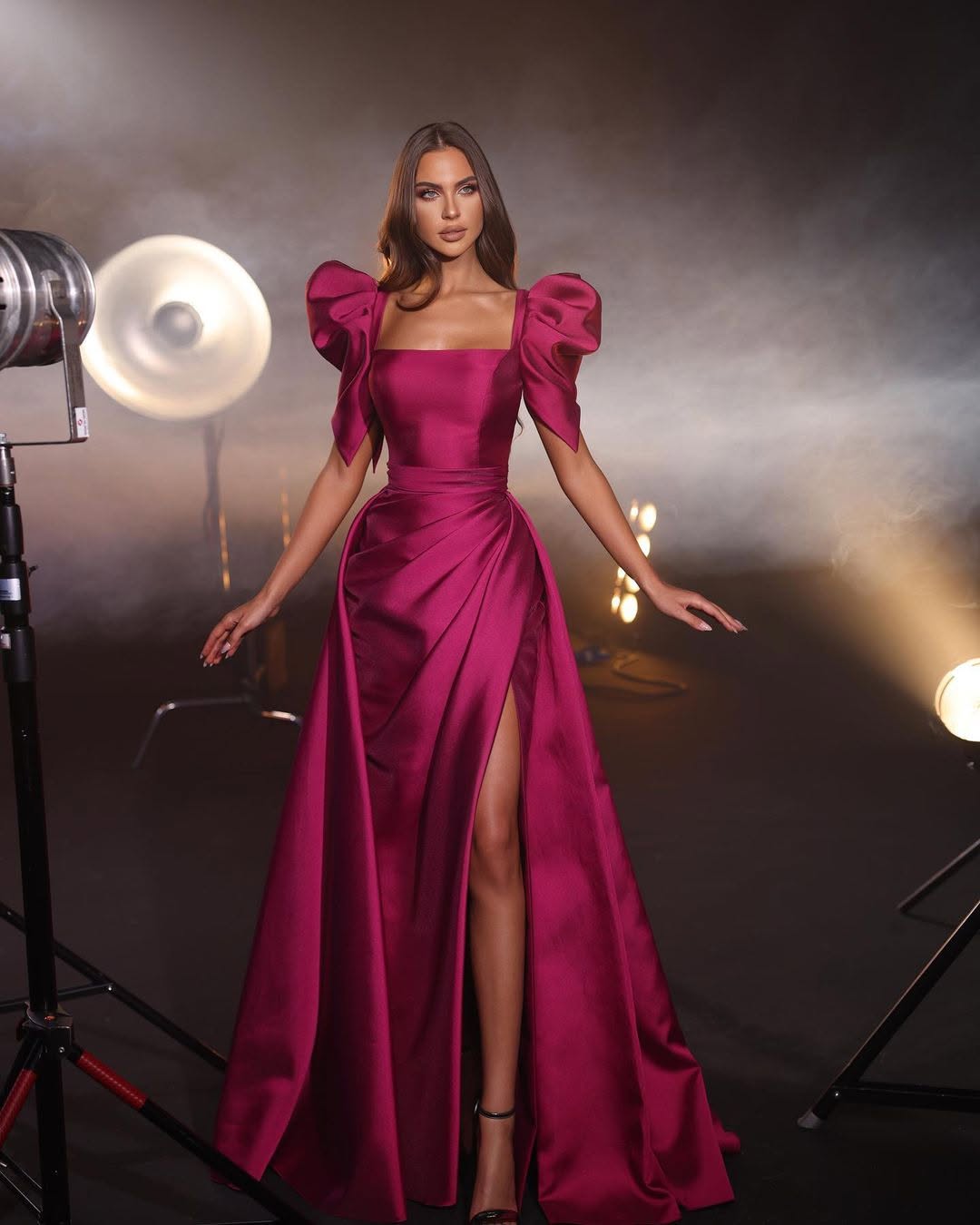 Fuchsia Short Sleeves Square Mermaid Pleated Prom Dress