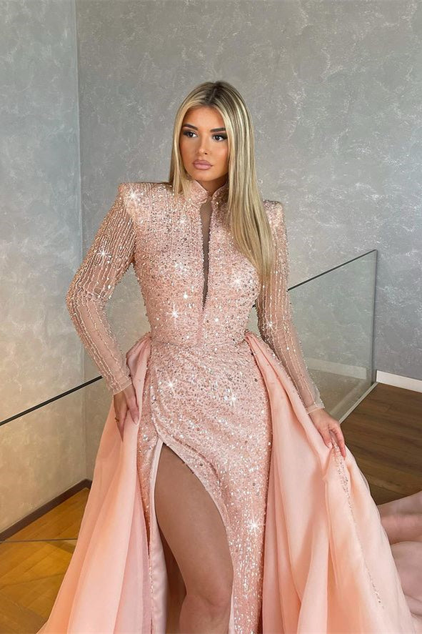 Long Sleeves High Collar Sequins Light PinkMermaid Evening Dress With Split