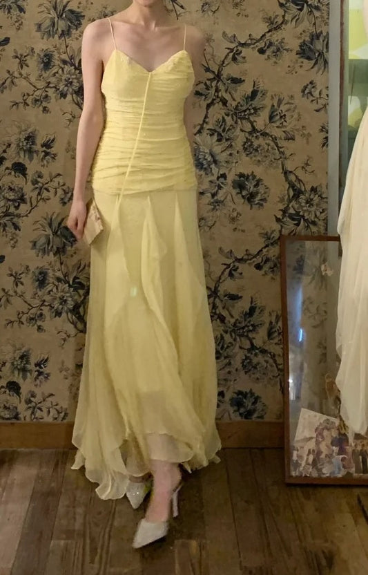 Beauty Prom Dress Light Yellow Spaghetti Straps Pleated Tulle Gala Dress Cocktail Dress Evening Dress D4584