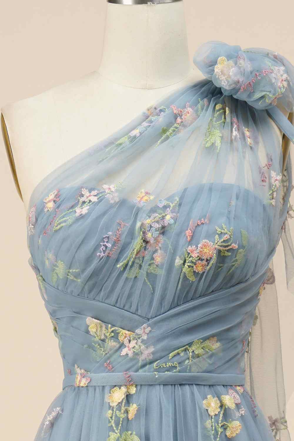 One Shoulder Empire Floral Tulle A-Line Prom Party Dress