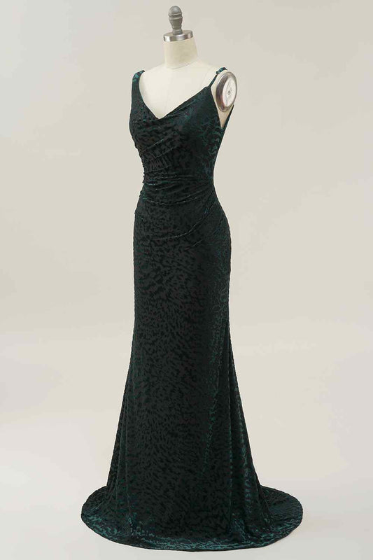 Asymmetrical Straps Backless Mermaid Velvet Prom Party Dress