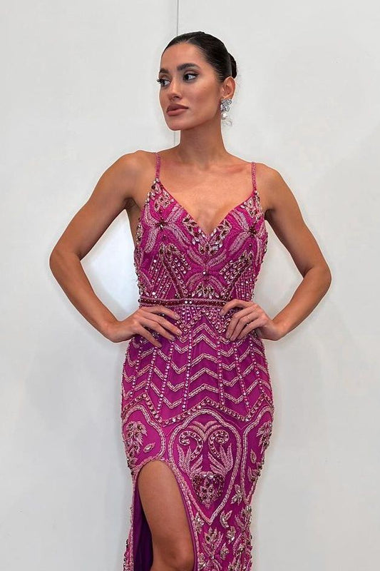 Glamorous Fuchsia Spaghetti Strap Sleeveless Split Long Prom Dress with Beadings