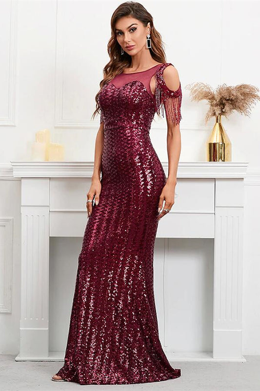 Dasida Burgundy Mermaid Prom Dress Sequins Long With Tassels