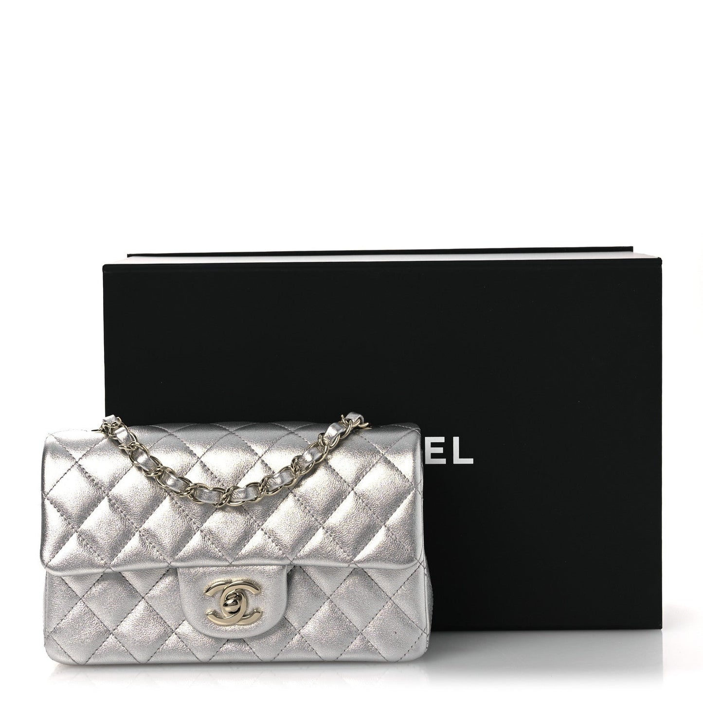 Metallic Lambskin Quilted Mini Rectangular Flap Silver