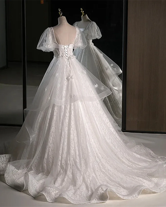 Elegant White Lace A-Line Wedding Party Dress with Puff Sleeves, White Lace Formal Gown fg8732
