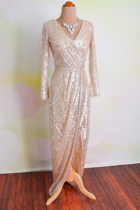 Blushing Pink Faux-wrap Long Sleeves Sequins Long Formal Dress
