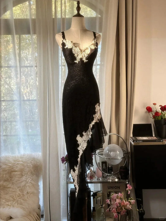 Sexy Sheath Spaghetti Strap Ruffle Appliques Lace Chiffon Party Dress Evening Dress SH2881