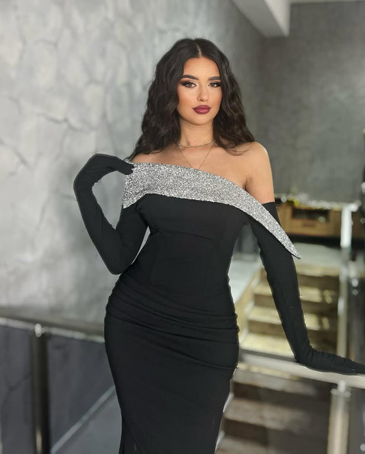 Black Long Sleeves Strapless Mermaid Beads Prom Dress