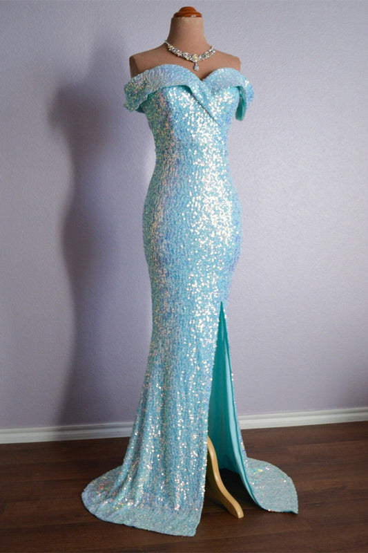 Sparkly Off-Shoulder Mermaid Party Prom Dress With Slit