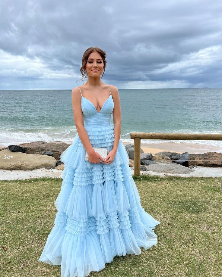 V Neck Layers Tulle Long Ball Gown,A Line Spaghetti Strap Evening Dresses fg3211