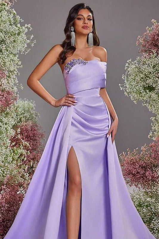Charming Lilac Satin Strapless Off the Shoulder Long Split Prom Dress with Beadings