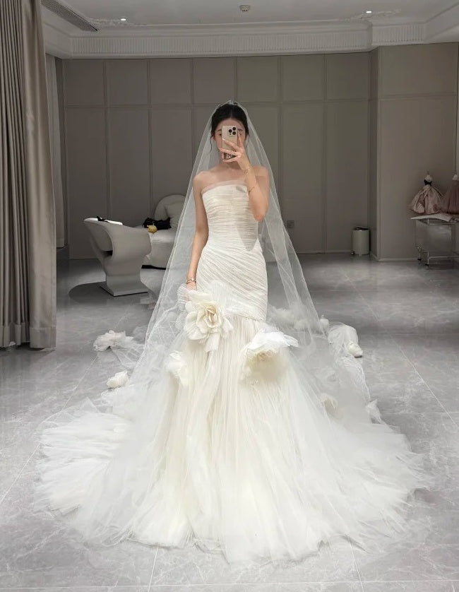 Charming Wedding Dress Strapless Pleated Tulle Mermaid Wedding Dress D4609