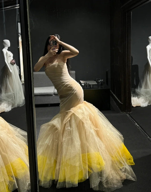 Charming Prom Dress Strapless Pleated Tulle Mermaid Gala Dress Formal Dress Evening Dress D4611