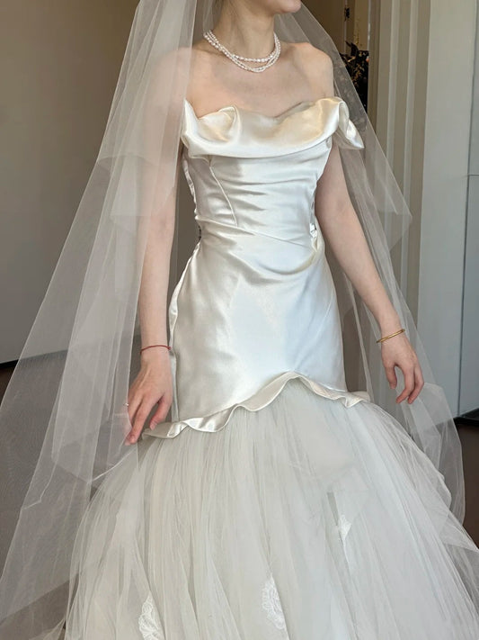 Charming Wedding Dress Strapless Pleated Tulle Mermaid Wedding Dress D4614