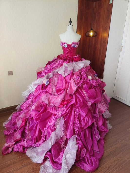 Charming Prom Dress Strapless Pleated Ruffle Evening Dress Quinceanera Dress Ball Gown D4649
