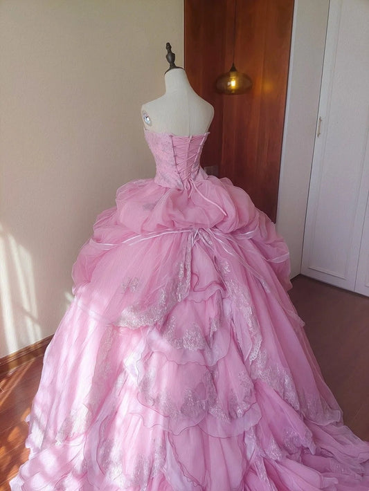 Charming Prom Dress Light Pink Strapless Pleated Tulle Evening Dress Quinceanera Dress Ball Gown D4653