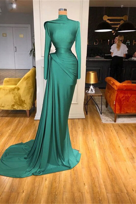 Long Sleeves Green High Neck Prom Dress Mermaid With Ruffle