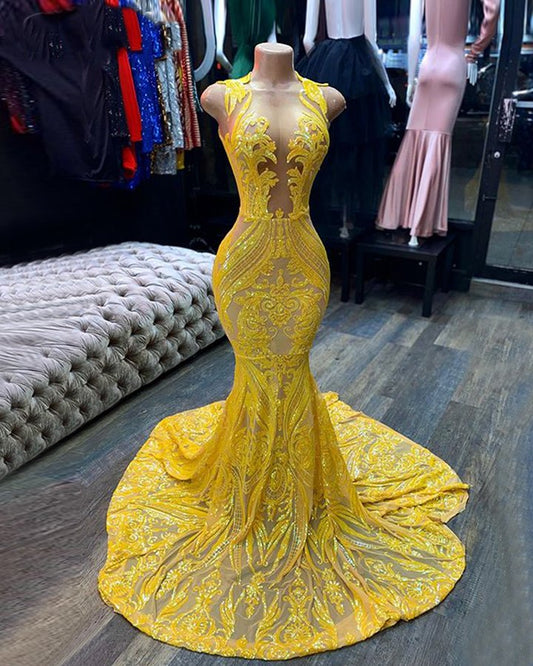 Mermaid Yellow Sequins Prom Dress Sleeveless