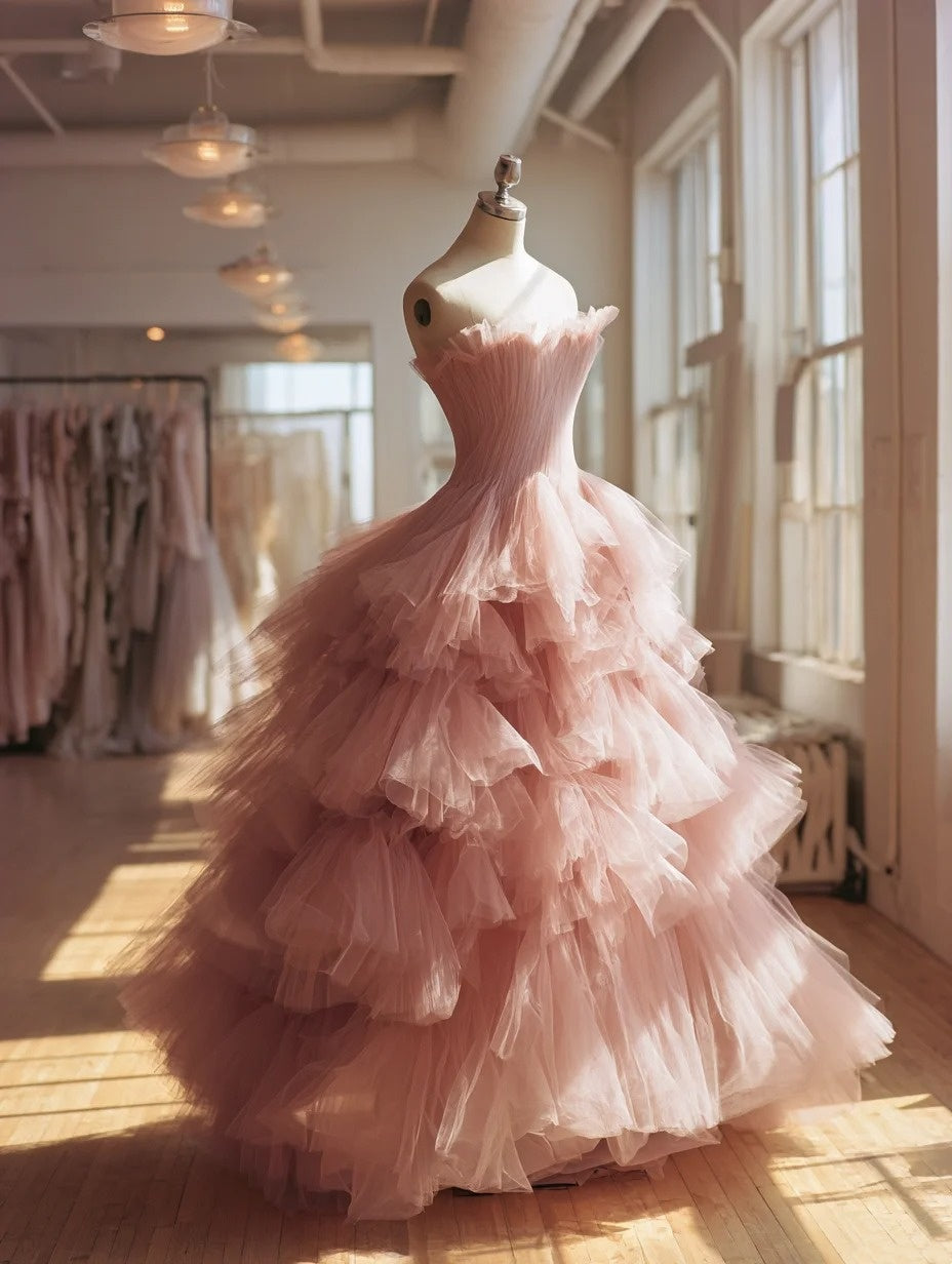 Chic Ball Gown Light Pink Strapless Pleated Tulle Tiered Prom Dresses Evening Gown Sweet 16 Dress D4702