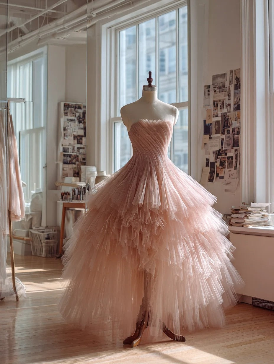 Cute Ball Gown Light Pink Strapless Pleated Tulle Tiered Prom Dresses Evening Gown Sweet 16 Dress D4703