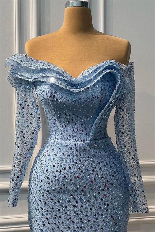 Blue Sweetheart Long Sleeves Mermaid Prom Dress Slit With Beads