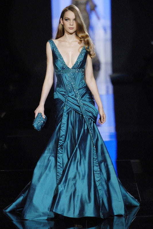 Dark Blue Classy Mermaid V Neck Sexy Beaded Satin Long Prom Dress Evening Dress SH3453
