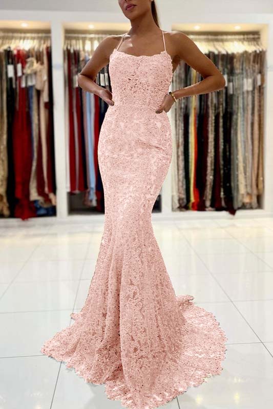Gold Appliques Long Halter Straps Mermaid Evening Dress