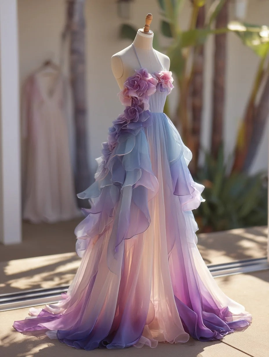 A Line Prom Dress Ombre Halter Ruffle Flower Birthday Party Outfits Evening Dress Gala Gown D4776
