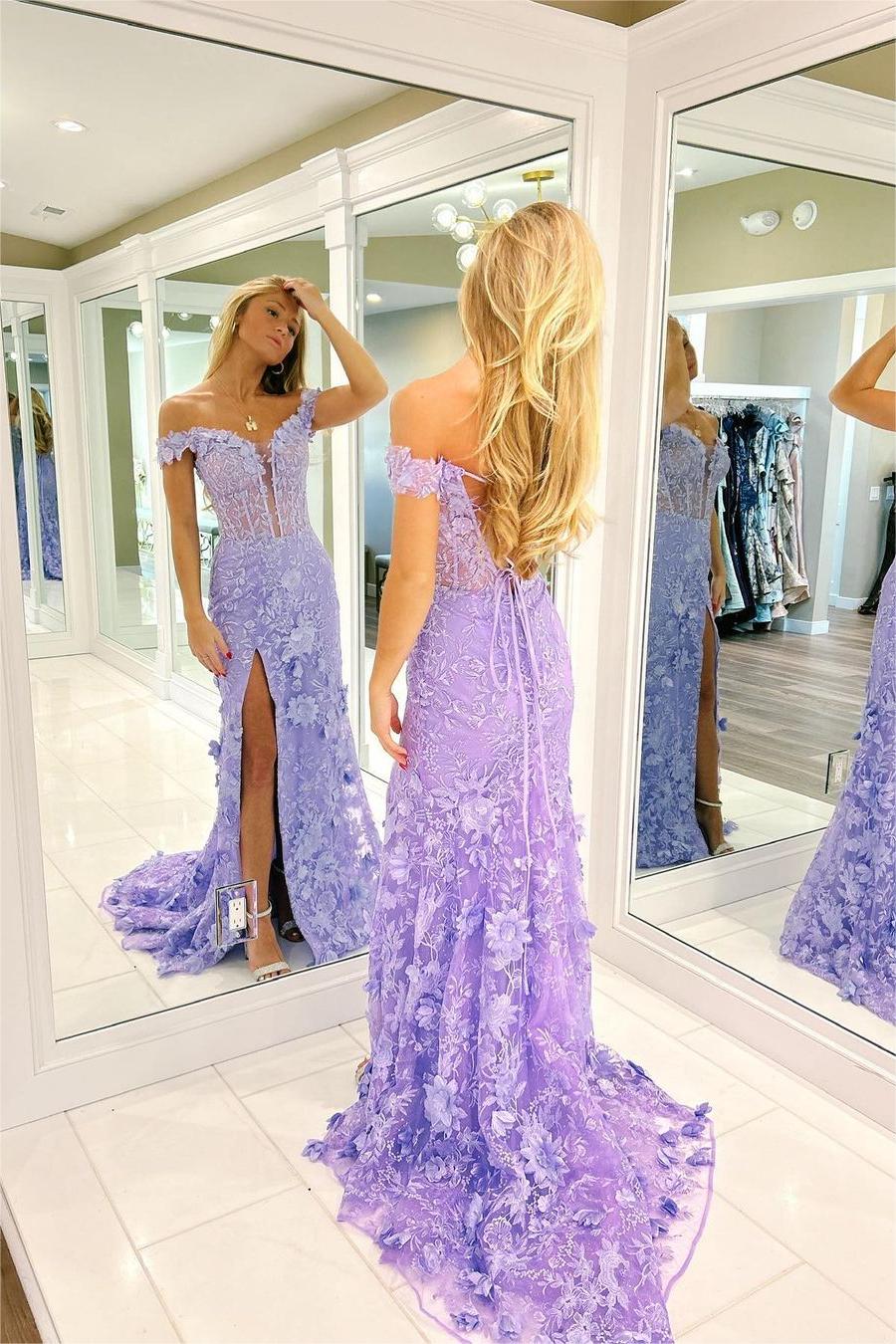 Exquisite Purple Applique Off the Shoulder Strapless Prom Dress with Split