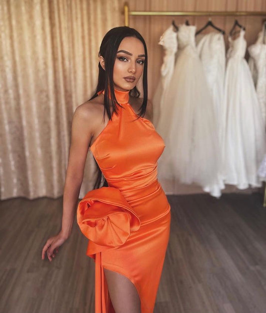 Orange Flower Halter Slit Prom Dress