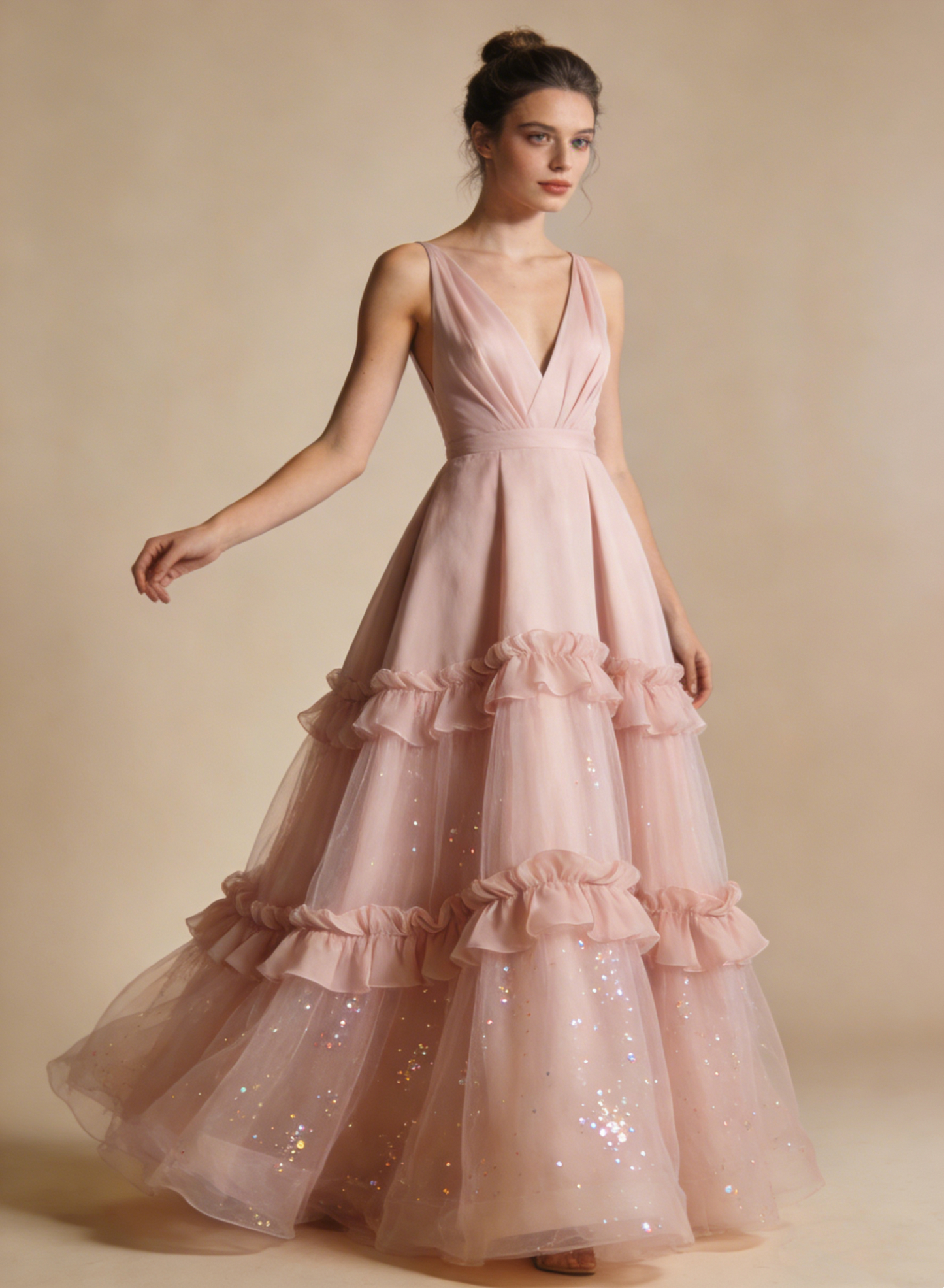 A Line Prom Dress Light Pink V-neck Pleated Tulle Gala Dress Birthday Party Outfits Evening Gown D4821