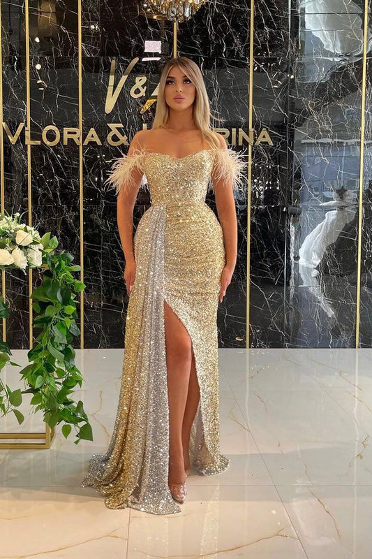 Sequins Off-the-Shoulder Mermaid Prom Dress Split With Ruffles