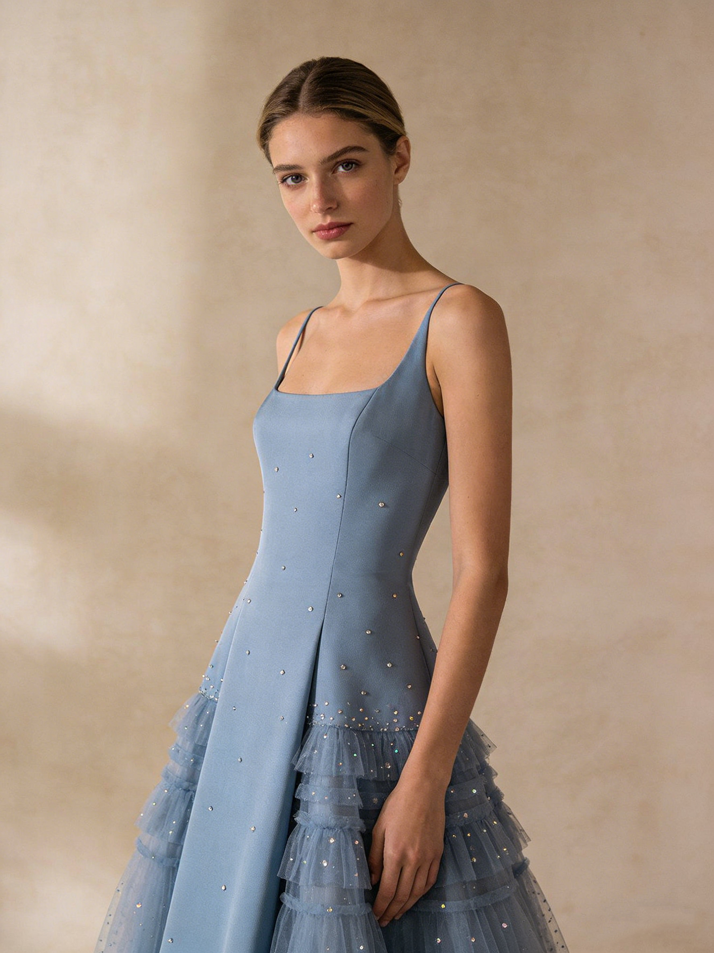 A Line Prom Dress Light Blue Square Neck Pleated Tulle Evening Gown Birthday Party Outfits Gala Dress D4843