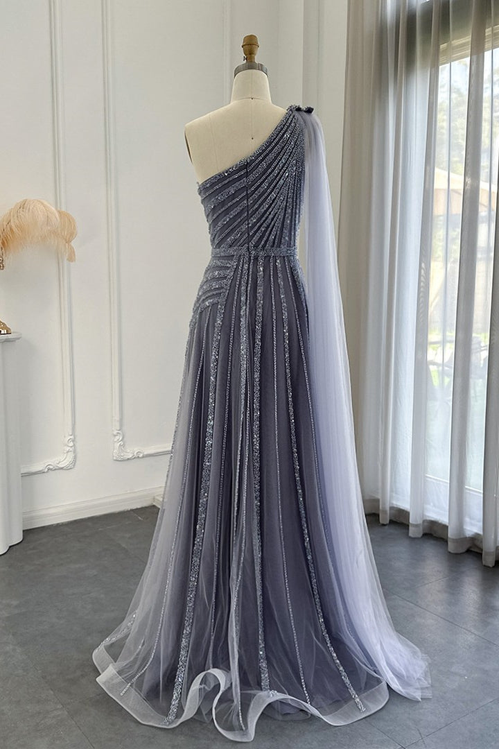 Stunning Gray One Shoulder A Line Prom Dress Appliques With Ruffles