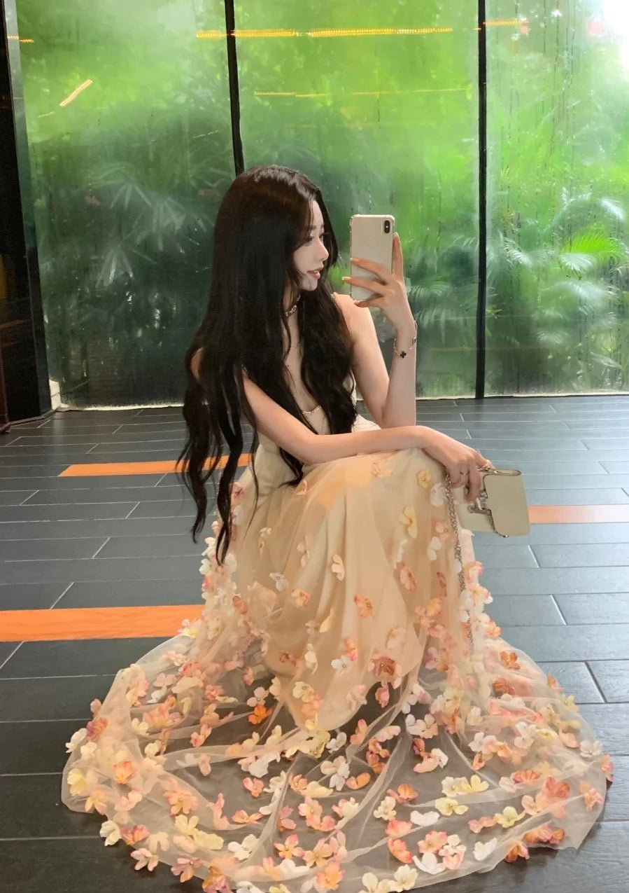 Charming Prom Dress Spaghetti Straps Pleated Tulle Floral Gala Evening Gown Dress Birthday Party Outfits D4880
