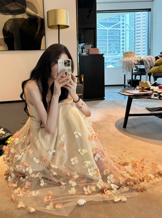 Charming Prom Dress Spaghetti Straps Pleated Tulle Floral Gala Evening Gown Dress Birthday Party Outfits D4880