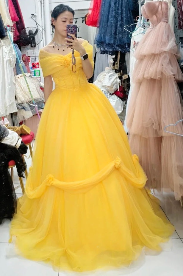 Chic Ball Gown Yellow Off Shoulder Tulle Evening Gala Gown Prom Dresses Quinceanera Dress D4941