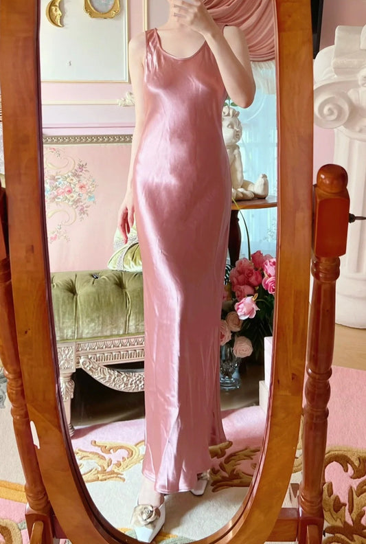 Beauty Prom Dress Pink Satin Crew Neck Evening Dress Long Cocktail Outfits Gala Gown D4999