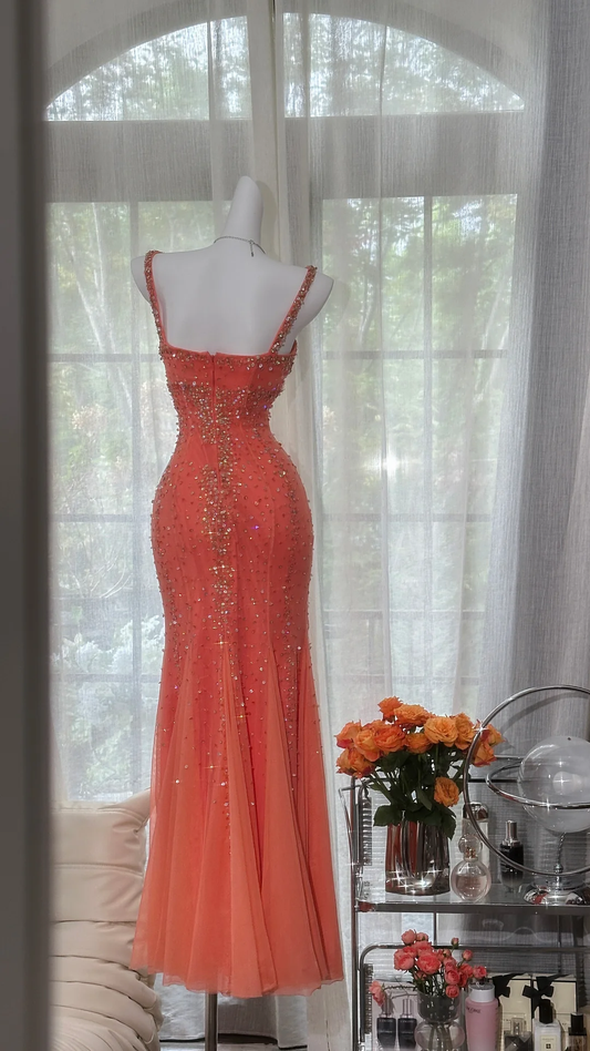 Vintage Mermaid Spaghetti Strap Exquisite Rhinestone Tulle Prom Dress Wedding Guest Dress SH4551
