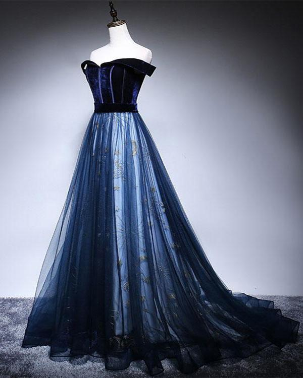 Dark Blue Velvet Tulle Long Prom Dress, Elegant Off the Shoulder Evening Dress MD7242