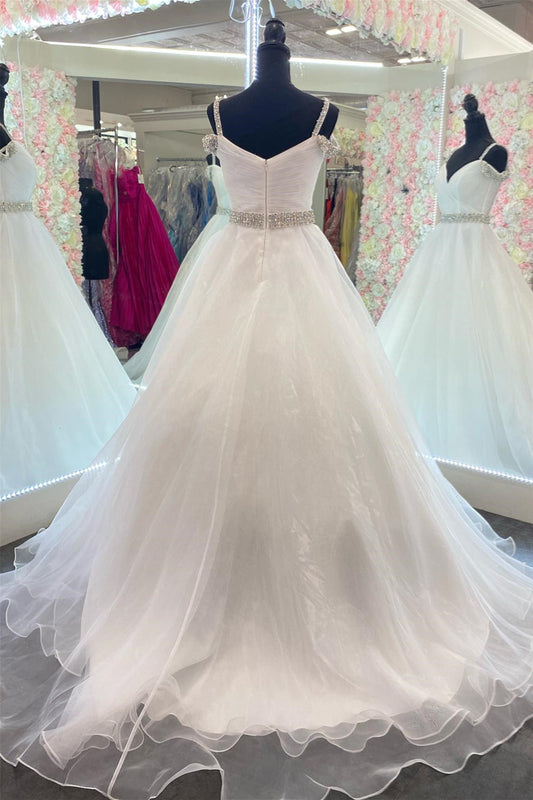 White Off-the-Shoulder Beaded A-line Tulle Long Prom Dress