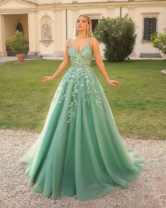 Sleeveless Spaghetti Straps V-Neck A-Line Prom Dress