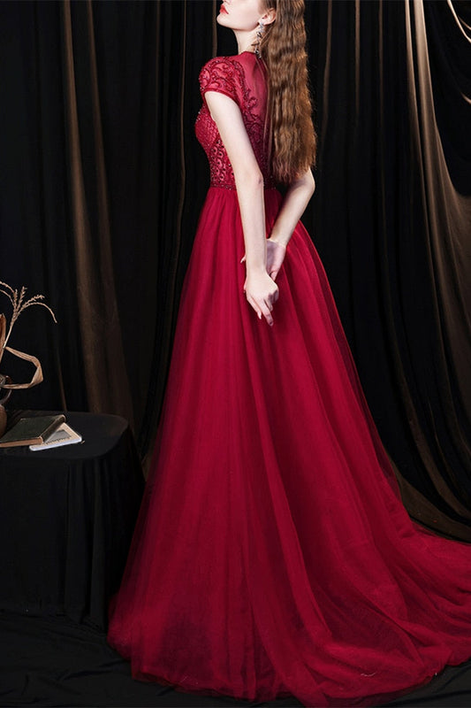 Burgundy Mermaid Evening Dress Tulle Overskirt With Short Sleeves Beadings Online