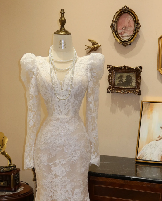 Lace Long Sleeves Wedding Dress White Modest Wedding Gowns fg8665