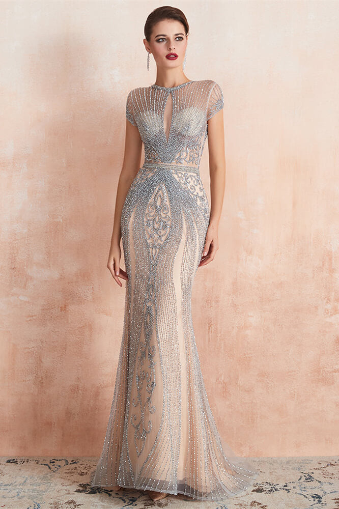Elegant Short Sleeve Jewel Neck Mermaid Prom Dress with Beadings