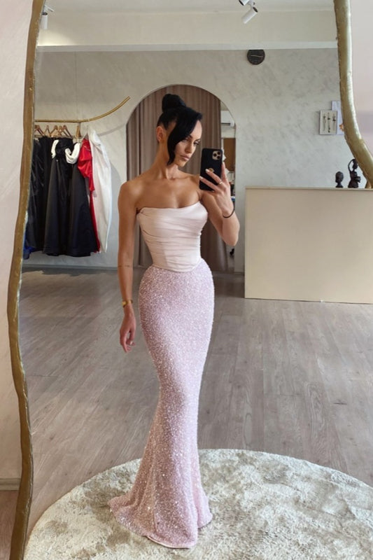 Pink Satin Sequins Spliced Strapless Mermaid Prom Dress