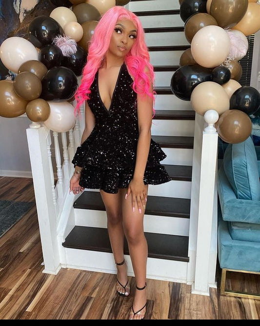 Sexy Black Sparking Short Cocktail Dresses Back Open Tiered Sequin Graduation Gown Parties Night fg2932