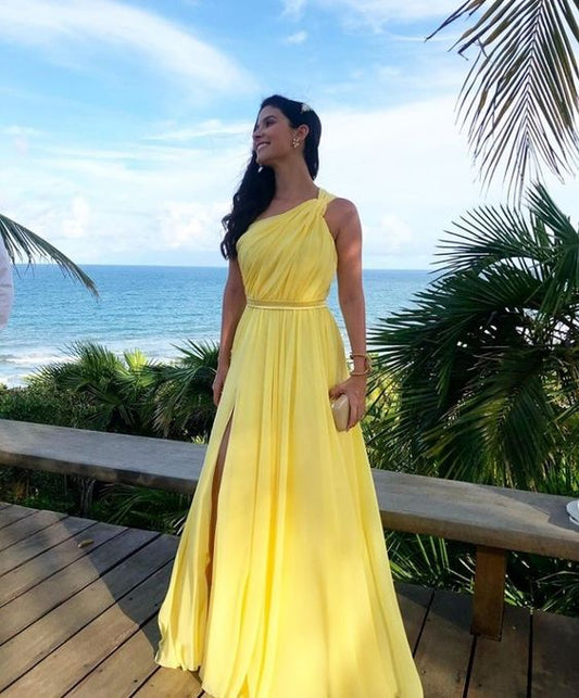 Yellow One Shoulder Long Prom Evening Dresses ,Sexy Prom Dress fg3064