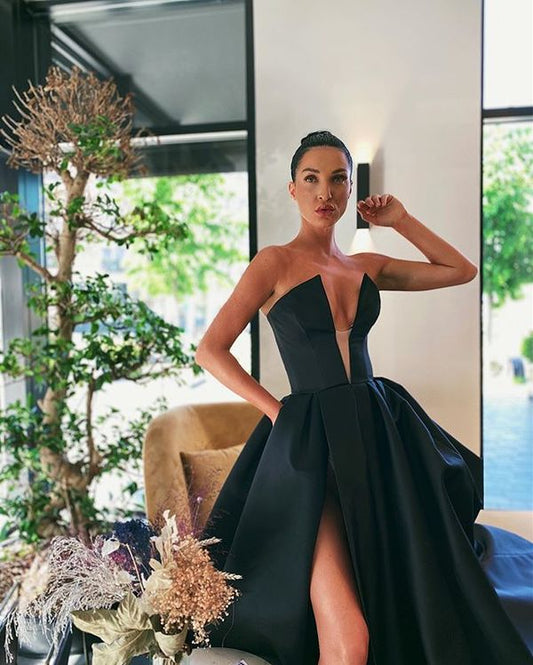 Gorgeous Ball Gown V Neck Split Black Prom Dresses with Pockets fg3079