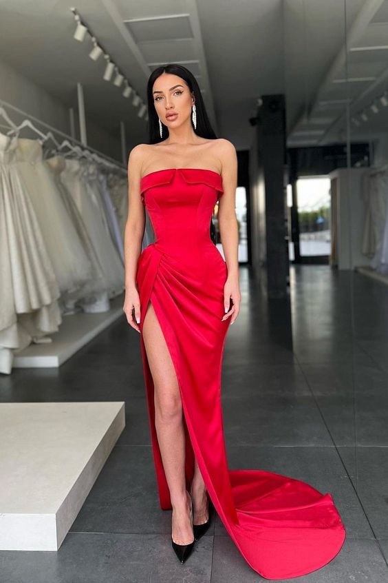 High Split Mermaid Strapless Floor-length Sleeveless Open Back Prom Dress fg3122